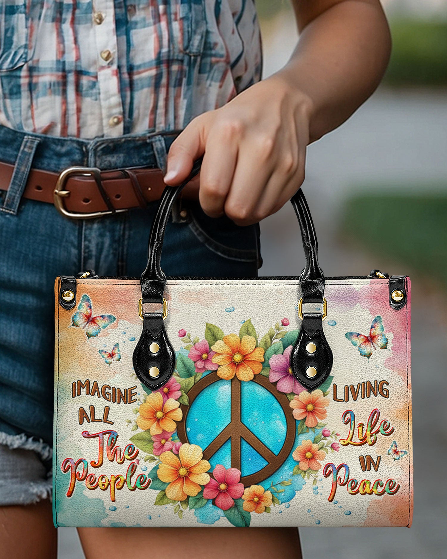 IMAGINE ALL THE PEOPLE LIVING LIFE IN PEACE LEATHER HANDBAG - YHDU1208244