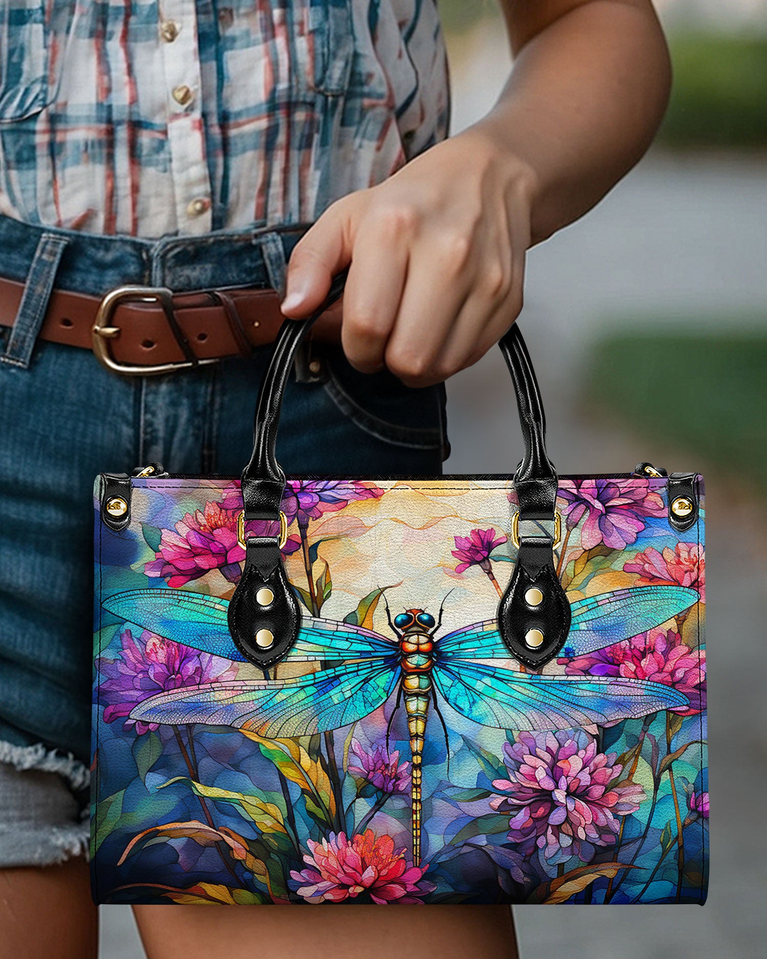 PAINTING DRAGONFLY FLOWERS LEATHER HANDBAG - YHDU1911244