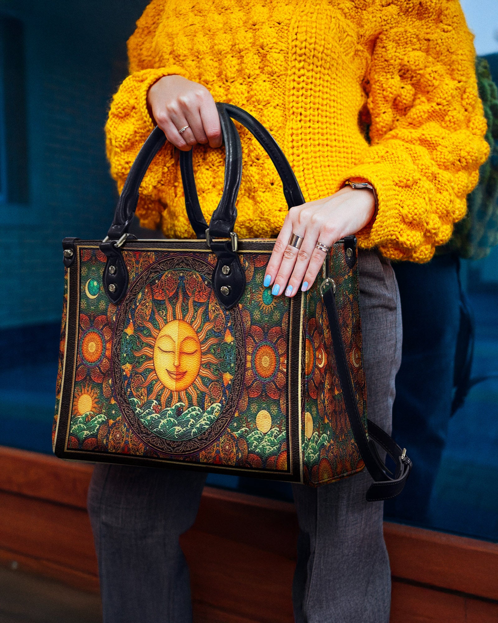 PSYCHEDELIC HIPPIE SUN LEATHER HANDBAG - YHHN1903254