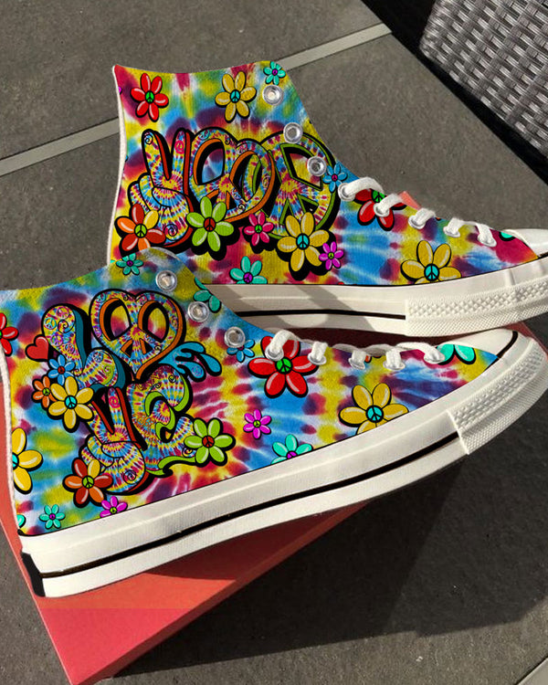 HIPPIE PEACE LOVE FLOWERS TIE DYE HIGH TOP CANVAS SHOES - TY0406245