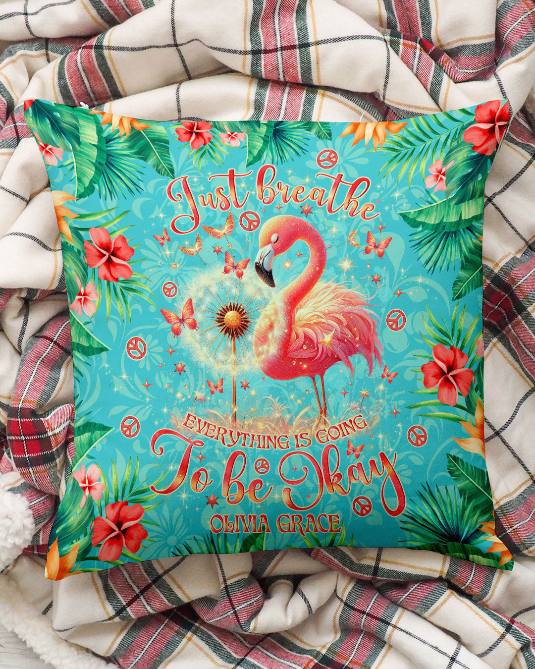 PERSONALIZED JUST BREATHE FLAMINGO PILLOW - TLNO1601253