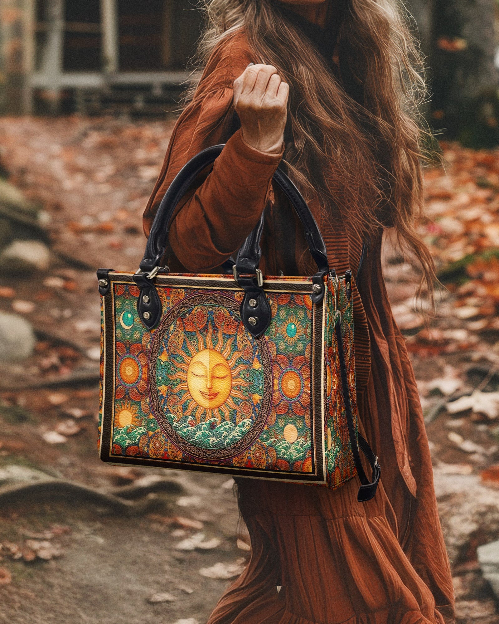 PSYCHEDELIC HIPPIE SUN LEATHER HANDBAG - YHHN1903254