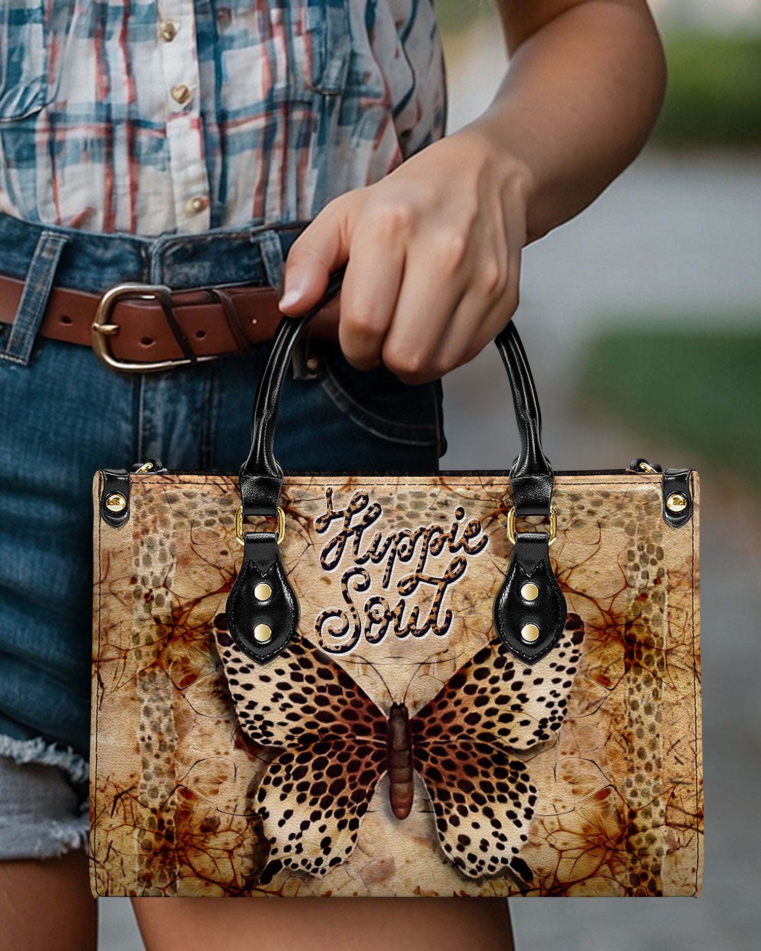 HIPPIE SOUL BUTTERFLY LEOPARD LEATHER HANDBAG - YHDU0407241