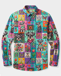 SCHNAUZER DOG FLORAL PEACE PATCHWORK LONG SLEEVE BUTTON-DOWN SHIRT - TYQY27082620