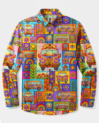 WILD AND FREE HIPPIE BUS PATCHWORK LONG SLEEVE BUTTON-DOWN SHIRT - TYQY27082615