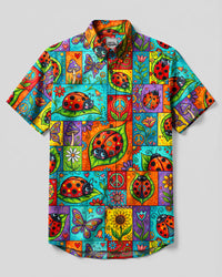 GROOVY LADYBUG AND BUTTERFLY FLORAL PATCHWORK BUTTON-DOWN COLLAR SHIRT - TYQY28082610