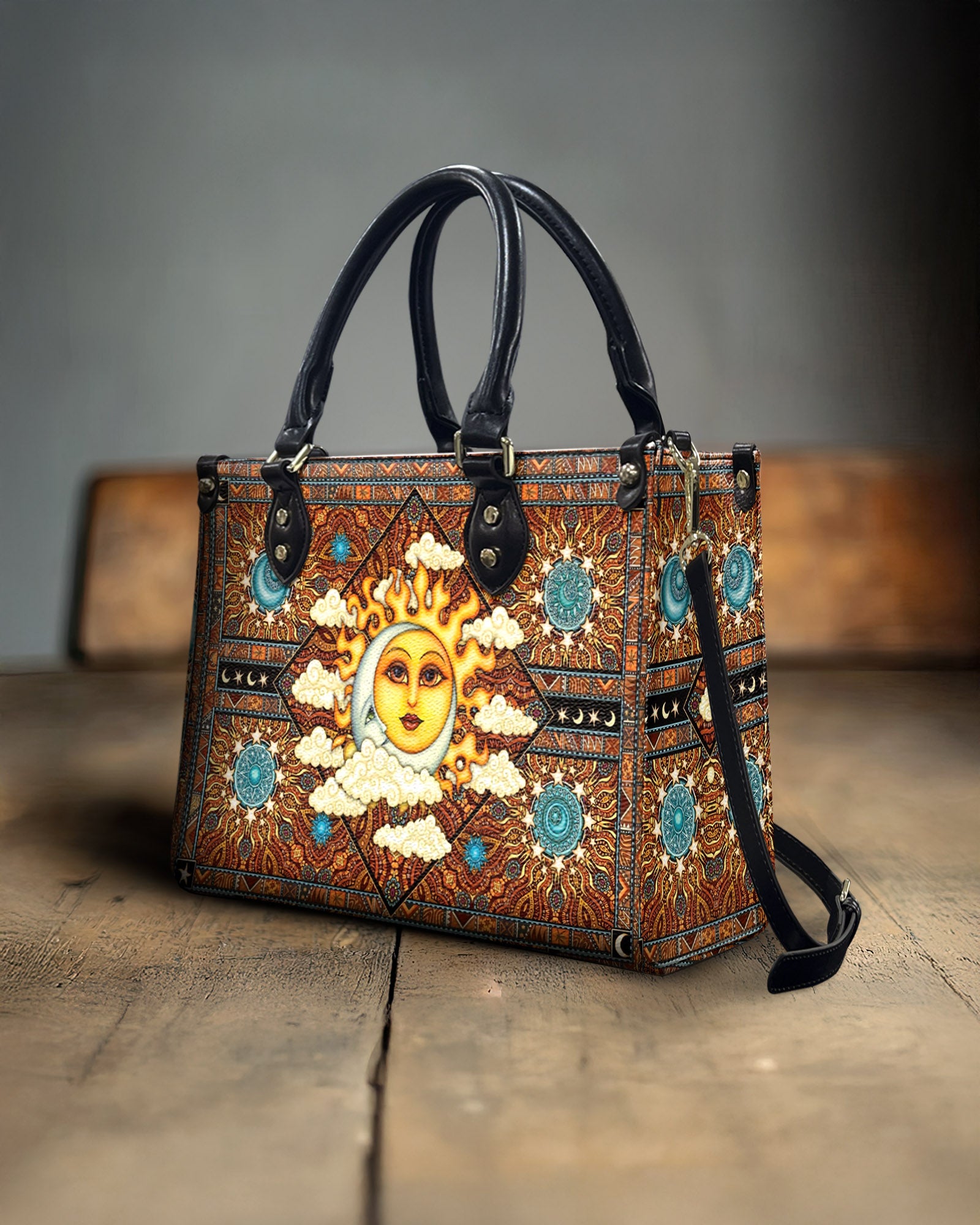 PSYCHEDELIC HIPPIE SUN MOON LEATHER HANDBAG - YHHN2103254