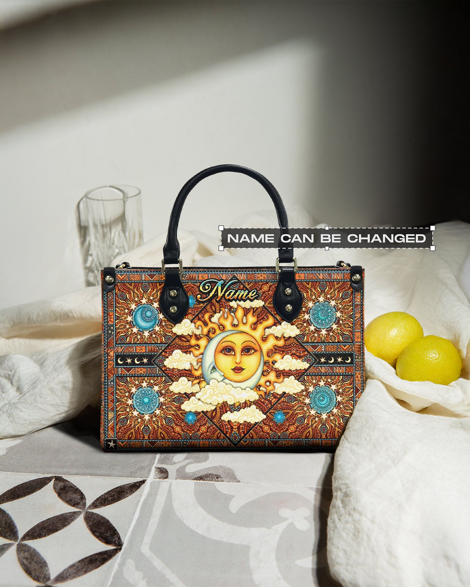 PSYCHEDELIC HIPPIE SUN MOON LEATHER HANDBAG - YHHN2103254