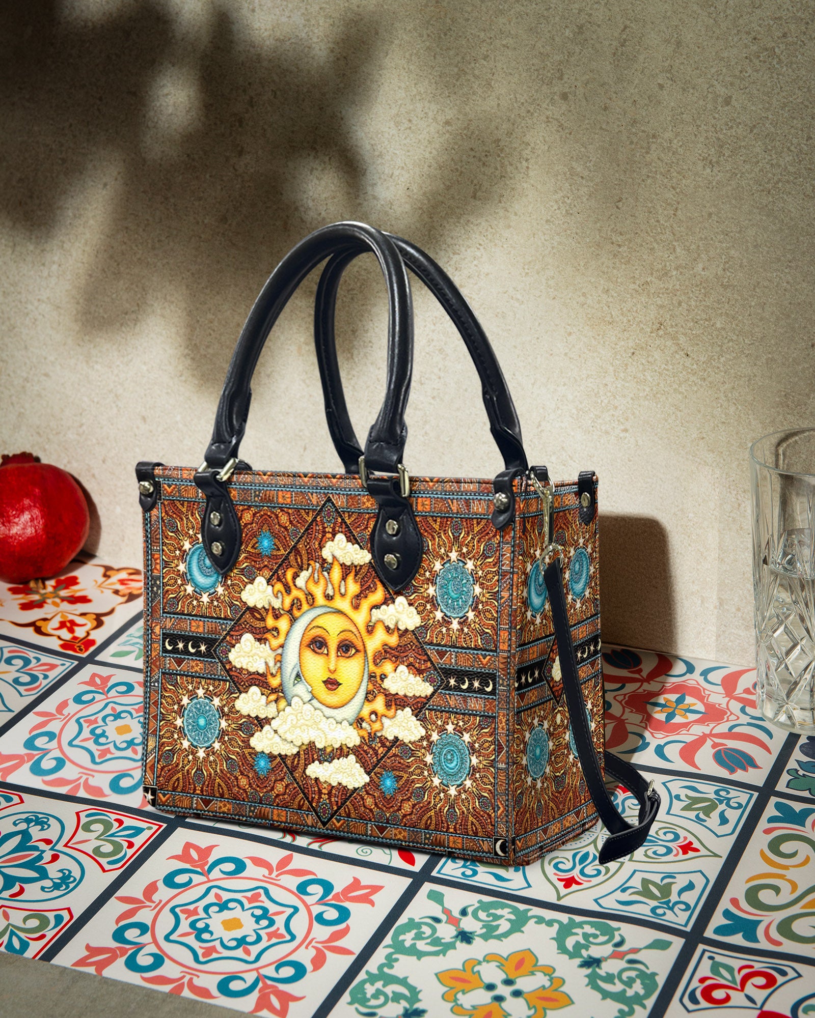 PSYCHEDELIC HIPPIE SUN MOON LEATHER HANDBAG - YHHN2103254