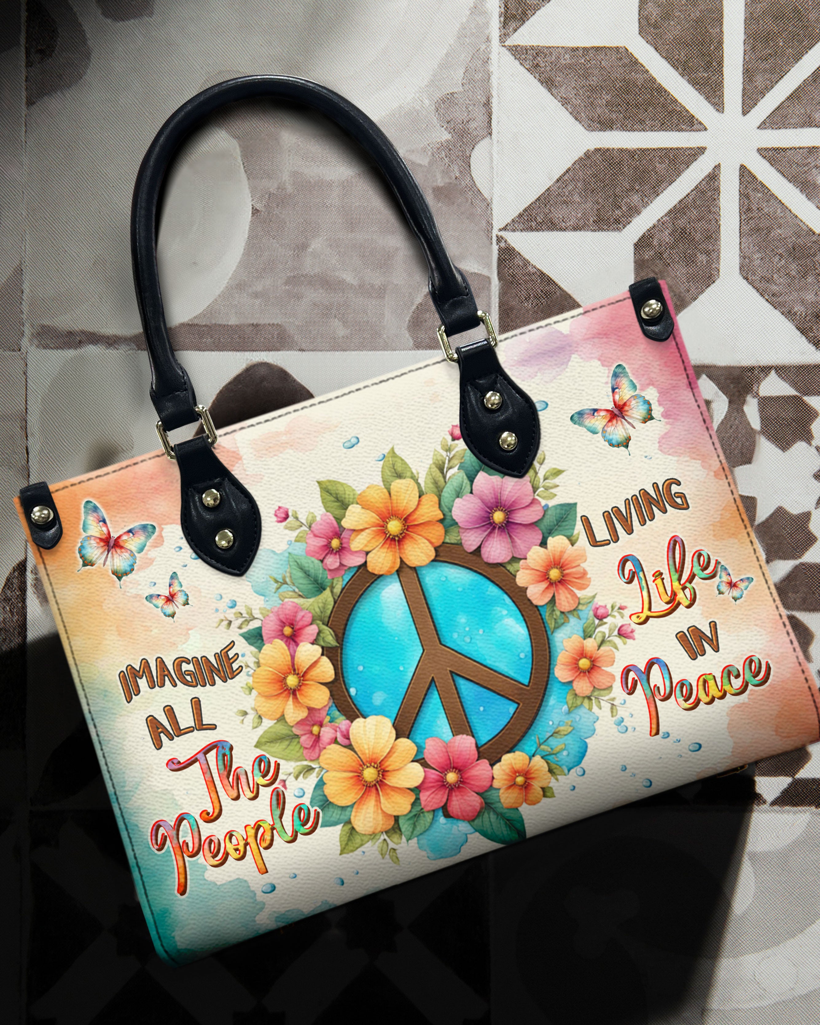 IMAGINE ALL THE PEOPLE LIVING LIFE IN PEACE LEATHER HANDBAG - YHDU1208244