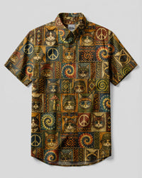 BOHO CAT TRIBAL PATCHWORK BUTTON-DOWN COLLAR SHIRT - TLHN3007264