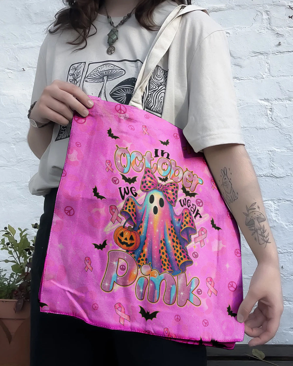 IN OCTOBER WE WEAR PINK BOO BREAST CANCER AWARENESS TOTE BAG - TYTD1308251